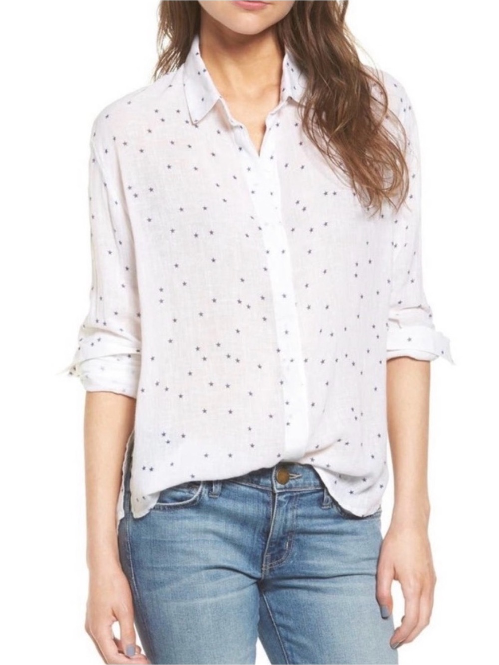 Rails Sydney Linen Blend White Button Up Navy Stars Medium